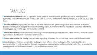 FAMILIES
Hematopoietin family: this is a generic name given to hematopoietic growth factors or hematopoietic
cytokines. These factors include various CSF, Epo, SCF, SCPF, and various interleukins(IL1, IL3, IL4, IL5, IL6, IL11,
IL12).
Interferon family: cytokines involved in antiviral defence, cell growth regulation and immune activation.
Based on the type of receptor through which they signal, human interferons have been classified into three
major types: type I IFN, type II IFN and type III IFN.
Chemokine family: small proteins defined by four conserved cysteine residues. Their name (chemoattractant
cytokines) is due to ability to induce chemotaxis.
Tumor necrosis factor family: they activate signaling pathways for cell survival, death and differentiation.
Interleukins: cytokines secreted by leukocytes that affects other leukocytes. The majority of ILs are
synthesized by TH cells, as well as through monocytes, macrophages, and endothelial cells. They promote the
development and differentiation of T- , B- and hematopoietic cells.
 