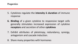 Properties
5. Cytokines regulate the intensity & duration of immune
response
6. Binding of a given cytokine to responsive target cells
generally stimulates increased expression of cytokine
receptors and secretion of other cytokines
7. Exhibit attributes of pleiotropy, redundancy, synergy,
antagonism and cascade induction.
8. Share many properties with hormones
 