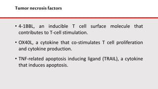 Tumor necrosis factors
• 4-1BBL, an inducible T cell surface molecule that
contributes to T-cell stimulation.
• OX40L, a cytokine that co-stimulates T cell proliferation
and cytokine production.
• TNF-related apoptosis inducing ligand (TRAIL), a cytokine
that induces apoptosis.
 