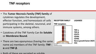 TNF receptors
• The Tumor Necrosis Family (TNF) family of
cytokines regulates the development,
effector function, and homeostasis of cells
participating in the skeletal, neuronal, and
immune systems, among others.
• Cytokines of the TNF Family Can Be Soluble
or Membrane Bound.
• There are two eponymous (having the same
name as) members of the TNF family: TNF-
α and TNF-β.
 