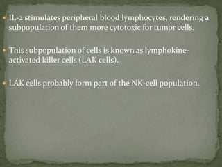  IL-2 stimulates peripheral blood lymphocytes, rendering a
subpopulation of them more cytotoxic for tumor cells.
 This subpopulation of cells is known as lymphokine-
activated killer cells (LAK cells).
 LAK cells probably form part of the NK-cell population.
 