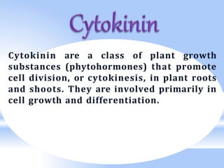 Cytokinin are a class of plant growth
substances (phytohormones) that promote
cell division, or cytokinesis, in plant roots
and shoots. They are involved primarily in
cell growth and differentiation.
 