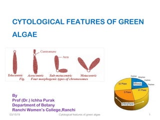 03/15/19 Cytological features of green algae 1
CYTOLOGICAL FEATURES OF GREEN
ALGAE
By
Prof (Dr.) Ichha Purak
Department of Botany
Ranchi Women’s College,Ranchi
 