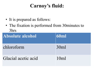 Carnoy’s fluid:
• It is prepared as follows:
• The fixation is performed from 30minutes to
3hrs
Absolute alcohol 60ml
chloroform 30ml
Glacial acetic acid 10ml
 