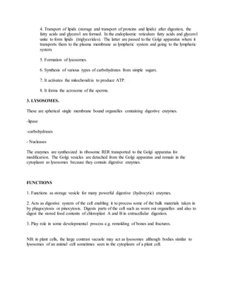 4. Transport of lipids (storage and transport of proteins and lipids) after digestion, the
fatty acids and glycerol are formed. In the endoplasmic reticulum fatty acids and glycerol
unite to form lipids (triglycerides). The latter are passed to the Golgi apparatus where it
transports them to the plasma membrane as lymphatic system and going to the lymphatic
system.
5. Formation of lysosomes.
6. Synthesis of various types of carbohydrates from simple sugars.
7. It activates the mitochondria to produce ATP.
8. It forms the acrosome of the sperms.
3. LYSOSOMES.
These are spherical single membrane bound organelles containing digestive enzymes.
-lipase
-carbohydrases
- Nucleases
The enzymes are synthesized in ribosome RER transported to the Golgi apparatus for
modification. The Golgi vesicles are detached from the Golgi apparatus and remain in the
cytoplasm as lysosomes because they contain digestive enzymes.
FUNCTIONS
1. Functions as storage vesicle for many powerful digestive (hydrocytic) enzymes.
2. Acts as digestive system of the cell enabling it to process some of the bulk materials taken in
by phagocytosis or pinocytosis. Digests parts of the cell such as worn out organelles and also to
digest the stored food contents of chloroplast A and B in extracellular digestion.
3. Play role in some developmental process e.g. remolding of bones and fractures.
NB: in plant cells, the large contrast vacuole may act as lysosomes although bodies similar to
lysosomes of an animal cell sometimes seen in the cytoplasm of a plant cell.
 