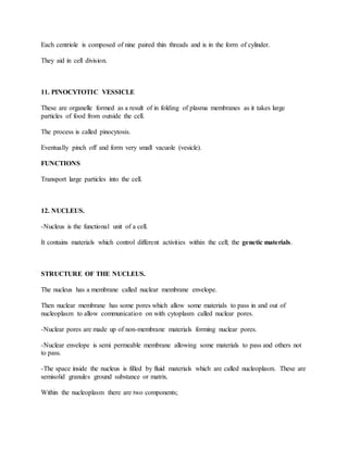 Each centriole is composed of nine paired thin threads and is in the form of cylinder.
They aid in cell division.
11. PINOCYTOTIC VESSICLE
These are organelle formed as a result of in folding of plasma membranes as it takes large
particles of food from outside the cell.
The process is called pinocytosis.
Eventually pinch off and form very small vacuole (vesicle).
FUNCTIONS
Transport large particles into the cell.
12. NUCLEUS.
-Nucleus is the functional unit of a cell.
It contains materials which control different activities within the cell; the genetic materials.
STRUCTURE OF THE NUCLEUS.
The nucleus has a membrane called nuclear membrane envelope.
Then nuclear membrane has some pores which allow some materials to pass in and out of
nucleoplasm to allow communication on with cytoplasm called nuclear pores.
-Nuclear pores are made up of non-membrane materials forming nuclear pores.
-Nuclear envelope is semi permeable membrane allowing some materials to pass and others not
to pass.
-The space inside the nucleus is filled by fluid materials which are called nucleoplasm. These are
semisolid granules ground substance or matrix.
Within the nucleoplasm there are two components;
 