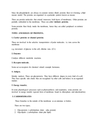 Since the phospholipids are always in constant motion (fluid) proteins float in it forming a fluid
mosaic model. The proteins are organized in a particular pattern known as mosaic.
There are protein molecules that extend/ transverse both layers of membranes. Other proteins are
partially embedded in the membrane. These are called intrinsic proteins.
Some proteins float freely inside the membrane, hence they are called peripheral or extrinsic
proteins.
TYPES AND ROLES OF PROTEINS.
1. Carrier proteins or channel proteins.
These are involved in the selective transportation of polar molecules. i.e. ions across the
membrane
e.g. movement of glucose to the cell, chlorine ions. (Cl-)
2. Enzymes
Catalyze different metabolic reactions.
3. Receptor molecule.
Some act as receptors for chemical stimuli example hormones.
4. Antigen.
Identity markers. These are glycoprotein. They have different shapes in every kind of a cell.
They have specific side chains thus are recognized by other cells and behave in an organized
manner.
5. Energy transfer.
In some physiological processes such as photosynthesis and respiration, some proteins are
involved in energy transfer (special form of membrane found in chloroplasts and mitochondria).
3. CARBOHYDRATES
These branches to the outside of the membrane as an antennae or feelers.
There are two types;
1. Glycoprotein ( carbohydrate chain – plus protein)
2. Glycolipids ( carbohydrate chain plus lipid)
 