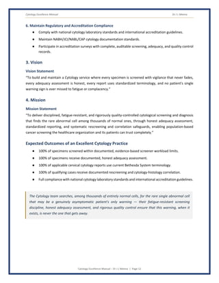 Cytology Excellence Manual Dr J L Meena
Cytology Excellence Manual – Dr J L Meena | Page 12
6. Maintain Regulatory and Accreditation Compliance
● Comply with national cytology laboratory standards and international accreditation guidelines.
● Maintain NABH/JCI/NABL/CAP cytology documentation standards.
● Participate in accreditation surveys with complete, auditable screening, adequacy, and quality control
records.
3. Vision
Vision Statement
“To build and maintain a Cytology service where every specimen is screened with vigilance that never fades,
every adequacy assessment is honest, every report uses standardized terminology, and no patient's single
warning sign is ever missed to fatigue or complacency.”
4. Mission
Mission Statement
“To deliver disciplined, fatigue-resistant, and rigorously quality-controlled cytological screening and diagnosis
that finds the rare abnormal cell among thousands of normal ones, through honest adequacy assessment,
standardized reporting, and systematic rescreening and correlation safeguards, enabling population-based
cancer screening the healthcare organization and its patients can trust completely.”
Expected Outcomes of an Excellent Cytology Practice
● 100% of specimens screened within documented, evidence-based screener workload limits.
● 100% of specimens receive documented, honest adequacy assessment.
● 100% of applicable cervical cytology reports use current Bethesda System terminology.
● 100% of qualifying cases receive documented rescreening and cytology-histology correlation.
● Full compliance with national cytology laboratory standards and international accreditation guidelines.
The Cytology team searches, among thousands of entirely normal cells, for the rare single abnormal cell
that may be a genuinely asymptomatic patient's only warning — their fatigue-resistant screening
discipline, honest adequacy assessment, and rigorous quality control ensure that this warning, when it
exists, is never the one that gets away.
 