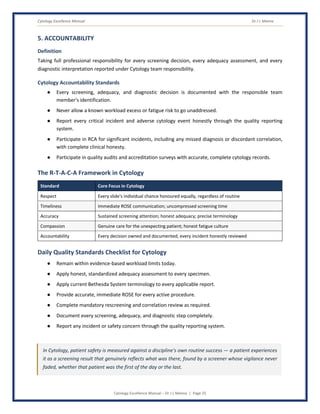 Cytology Excellence Manual Dr J L Meena
Cytology Excellence Manual – Dr J L Meena | Page 25
5. ACCOUNTABILITY
Definition
Taking full professional responsibility for every screening decision, every adequacy assessment, and every
diagnostic interpretation reported under Cytology team responsibility.
Cytology Accountability Standards
● Every screening, adequacy, and diagnostic decision is documented with the responsible team
member's identification.
● Never allow a known workload excess or fatigue risk to go unaddressed.
● Report every critical incident and adverse cytology event honestly through the quality reporting
system.
● Participate in RCA for significant incidents, including any missed diagnosis or discordant correlation,
with complete clinical honesty.
● Participate in quality audits and accreditation surveys with accurate, complete cytology records.
The R-T-A-C-A Framework in Cytology
Standard Core Focus in Cytology
Respect Every slide's individual chance honoured equally, regardless of routine
Timeliness Immediate ROSE communication; uncompressed screening time
Accuracy Sustained screening attention; honest adequacy; precise terminology
Compassion Genuine care for the unexpecting patient; honest fatigue culture
Accountability Every decision owned and documented; every incident honestly reviewed
Daily Quality Standards Checklist for Cytology
● Remain within evidence-based workload limits today.
● Apply honest, standardized adequacy assessment to every specimen.
● Apply current Bethesda System terminology to every applicable report.
● Provide accurate, immediate ROSE for every active procedure.
● Complete mandatory rescreening and correlation review as required.
● Document every screening, adequacy, and diagnostic step completely.
● Report any incident or safety concern through the quality reporting system.
In Cytology, patient safety is measured against a discipline's own routine success — a patient experiences
it as a screening result that genuinely reflects what was there, found by a screener whose vigilance never
faded, whether that patient was the first of the day or the last.
 