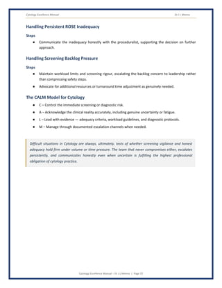 Cytology Excellence Manual Dr J L Meena
Cytology Excellence Manual – Dr J L Meena | Page 37
Handling Persistent ROSE Inadequacy
Steps
● Communicate the inadequacy honestly with the proceduralist, supporting the decision on further
approach.
Handling Screening Backlog Pressure
Steps
● Maintain workload limits and screening rigour, escalating the backlog concern to leadership rather
than compressing safety steps.
● Advocate for additional resources or turnaround time adjustment as genuinely needed.
The CALM Model for Cytology
● C – Control the immediate screening or diagnostic risk.
● A – Acknowledge the clinical reality accurately, including genuine uncertainty or fatigue.
● L – Lead with evidence — adequacy criteria, workload guidelines, and diagnostic protocols.
● M – Manage through documented escalation channels when needed.
Difficult situations in Cytology are always, ultimately, tests of whether screening vigilance and honest
adequacy hold firm under volume or time pressure. The team that never compromises either, escalates
persistently, and communicates honestly even when uncertain is fulfilling the highest professional
obligation of cytology practice.
 