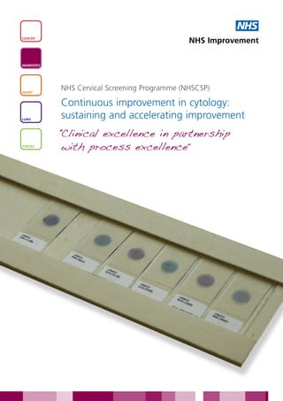 NHS
CANCER
                                                 NHS Improvement

DIAGNOSTICS




HEART
              NHS Cervical Screening Programme (NHSCSP)

              Continuous improvement in cytology:
LUNG
              sustaining and accelerating improvement
              Clinical excellence in partnership
              “
STROKE
              with process excellence  ”
 