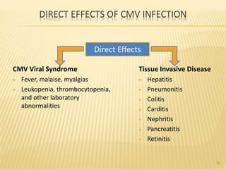 DIRECT EFFECTS OF CMV INFECTION
CMV Viral Syndrome
• Fever, malaise, myalgias
• Leukopenia, thrombocytopenia,
and other laboratory
abnormalities
Tissue Invasive Disease
• Hepatitis
• Pneumonitis
• Colitis
• Carditis
• Nephritis
• Pancreatitis
• Retinitis
Direct Effects
16
 