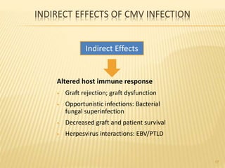 INDIRECT EFFECTS OF CMV INFECTION
Altered host immune response
• Graft rejection; graft dysfunction
• Opportunistic infections: Bacterial
fungal superinfection
• Decreased graft and patient survival
• Herpesvirus interactions: EBV/PTLD
Indirect Effects
17
 
