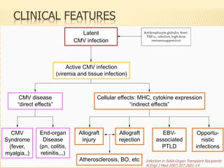 Infection in Solid-Organ Transplant Recipients
N Engl J Med 2007;357:2601-14
CLINICAL FEATURES
Cellular effects: MHC, cytokine expression
“indirect effects”
CMV disease
“direct effects”
CMV
Syndrome
(fever,
myalgia,,)
End-organ
Disease
(pn, colitis,
retinitis,,,)
Allograft
injury
Allograft
rejection
EBV-
associated
PTLD
Opportu-
nistic
infections
Atherosclerosis, BO, etc
Active CMV infection
(viremia and tissue infection)
Latent
CMV infection
 