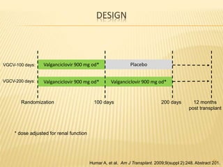 DESIGN
Valganciclovir 900 mg od*
Valganciclovir 900 mg od* Valganciclovir 900 mg od*
Placebo
100 days 200 daysRandomization 12 months
post transplant
VGCV-100 days:
VGCV-200 days:
* dose adjusted for renal function
Humar A, et al. Am J Transplant. 2009;9(suppl 2):248. Abstract 201.53
 