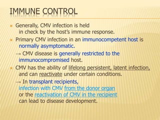 IMMUNE CONTROL
 Generally, CMV infection is held
in check by the host’s immune response.
 Primary CMV infection in an immunocompetent host is
normally asymptomatic.
→ CMV disease is generally restricted to the
immunocompromised host.
 CMV has the ability of lifelong persistent, latent infection,
and can reactivate under certain conditions.
→ In transplant recipients,
infection with CMV from the donor organ
or the reactivation of CMV in the recipient
can lead to disease development.
 