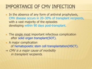 IMPORTANCE OF CMV INFECTION
 In the absence of any form of antiviral prophylaxis,
CMV disease occurs in 20–30% of transplant recipients,
with a vast majority of the episodes
developing within 90 days post-transplant.
 The single most important infectious complication
after solid organ transplant(SOT).
 A major complication
of hematopoietic stem cell transplantation(HSCT).
⇒ CMV is a major cause of morbidity
in transplant recipients.
 
