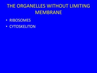 THE ORGANELLES WITHOUT LIMITING
MEMBRANE
• RIBOSOMES
• CYTOSKELITON
 