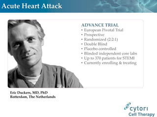 Acute Heart Attack

                               ADVANCE TRIAL
                               •   European Pivotal Trial
                               •   Prospective
                               •   Randomized (2:2:1)
                               •   Double Blind
                               •   Placebo controlled
                               •   Blinded independent core labs
                               •   Up to 370 patients for STEMI
                               •   Currently enrolling & treating




  Eric Duckers, MD, PhD
  Rotterdam, The Netherlands




                                                            Cell Therapy
 