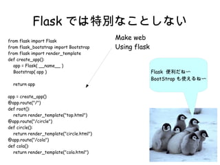 Flask では特別なことしない 
Flask 便利だね〜 
BootStrap も使えるね〜 
from flask import Flask 
from flask_bootstrap import Bootstrap 
from flask import render_template 
def create_app(): 
app = Flask( __name__ ) 
Bootstrap( app ) 
return app 
app = create_app() 
@app.route("/") 
def root(): 
return render_template("top.html") 
@app.route("/circle") 
def circle(): 
return render_template("circle.html") 
@app.route("/cola") 
def cola(): 
return render_template("cola.html") 
Make web 
Using flask 
 