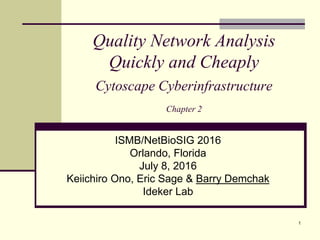 Quality Network Analysis
Quickly and Cheaply
Cytoscape Cyberinfrastructure
Chapter 2
ISMB/NetBioSIG 2016
Orlando, Florida
July 8, 2016
Keiichiro Ono, Eric Sage & Barry Demchak
Ideker Lab
1
 