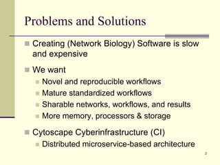Problems and Solutions
 Creating (Network Biology) Software is slow
and expensive
 We want
 Novel and reproducible workflows
 Mature standardized workflows
 Sharable networks, workflows, and results
 More memory, processors & storage
 Cytoscape Cyberinfrastructure (CI)
 Distributed microservice-based architecture
2
 