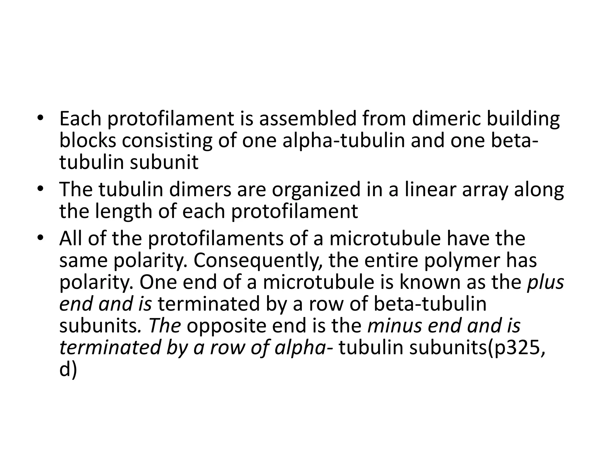 • Each protofilament is assembled from dimeric building
  blocks consisting of one alpha-tubulin and one beta-
  tubulin subunit
• The tubulin dimers are organized in a linear array along
  the length of each protofilament
• All of the protofilaments of a microtubule have the
  same polarity. Consequently, the entire polymer has
  polarity. One end of a microtubule is known as the plus
  end and is terminated by a row of beta-tubulin
  subunits. The opposite end is the minus end and is
  terminated by a row of alpha- tubulin subunits(p325,
  d)
 