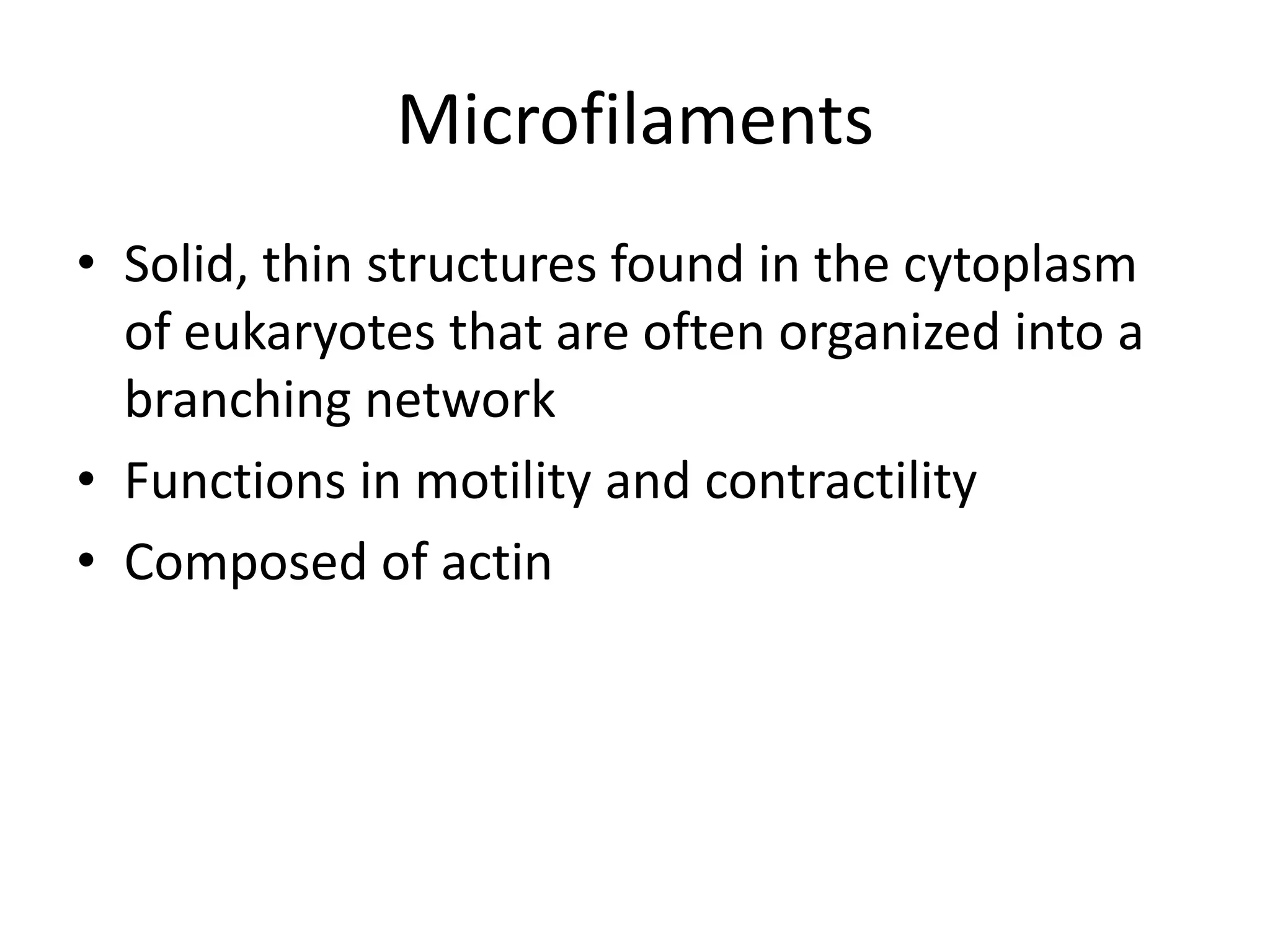 Microfilaments
• Solid, thin structures found in the cytoplasm
  of eukaryotes that are often organized into a
  branching network
• Functions in motility and contractility
• Composed of actin
 