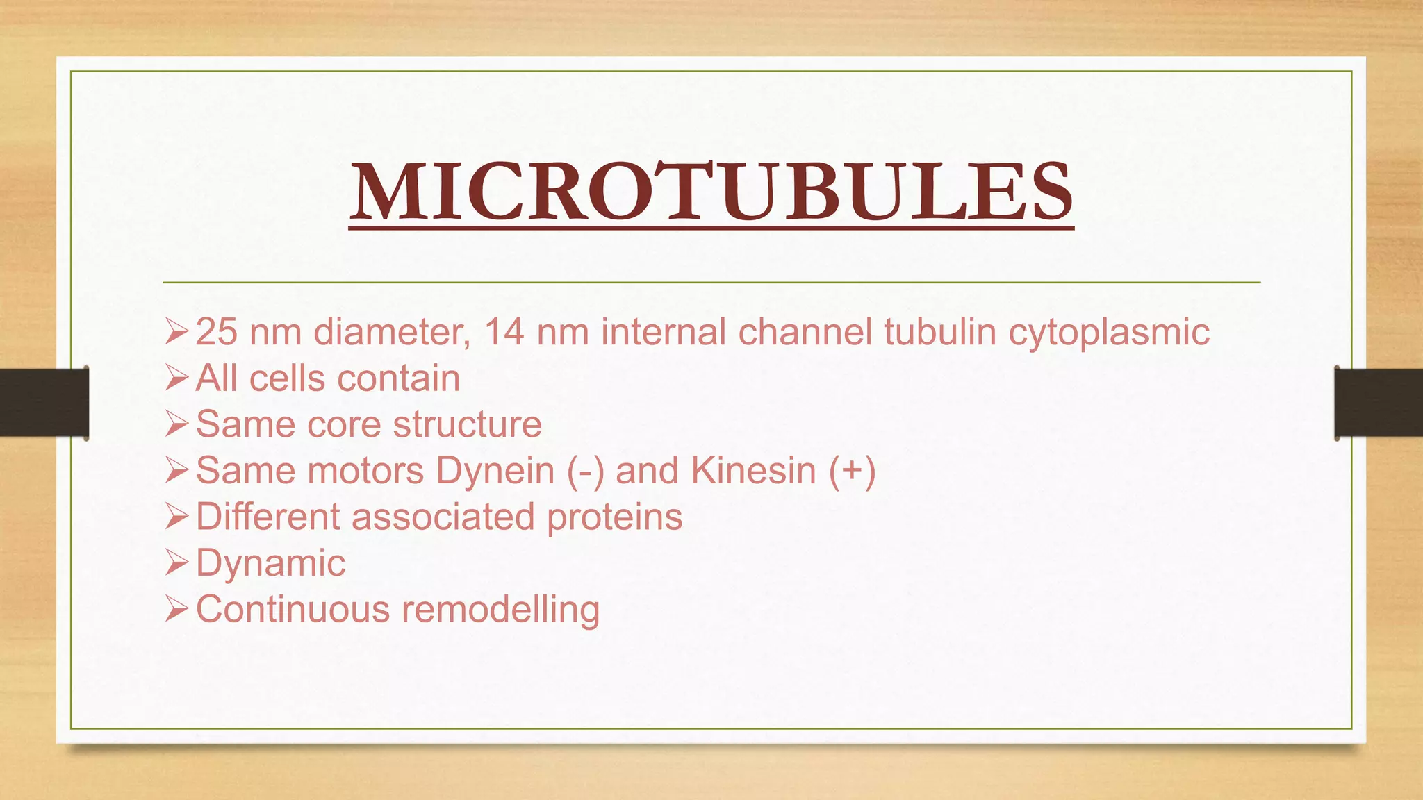 MICROTUBULES
25 nm diameter, 14 nm internal channel tubulin cytoplasmic
All cells contain
Same core structure
Same motors Dynein (-) and Kinesin (+)
Different associated proteins
Dynamic
Continuous remodelling
 