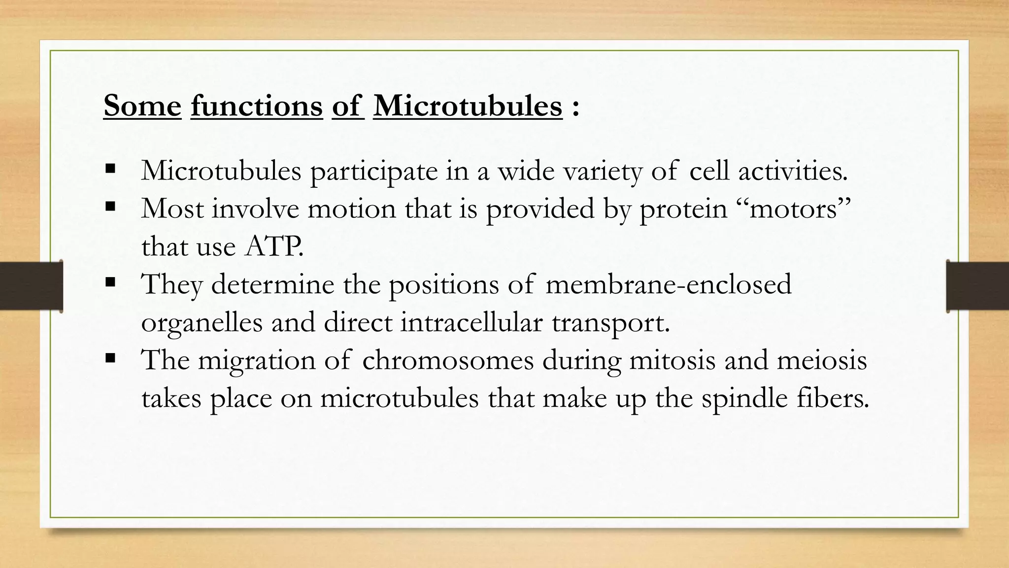 Microtubules participate in a wide variety of cell activities.
 Most involve motion that is provided by protein “motors”
that use ATP.
 They determine the positions of membrane-enclosed
organelles and direct intracellular transport.
 The migration of chromosomes during mitosis and meiosis
takes place on microtubules that make up the spindle fibers.
Some functions of Microtubules :
 