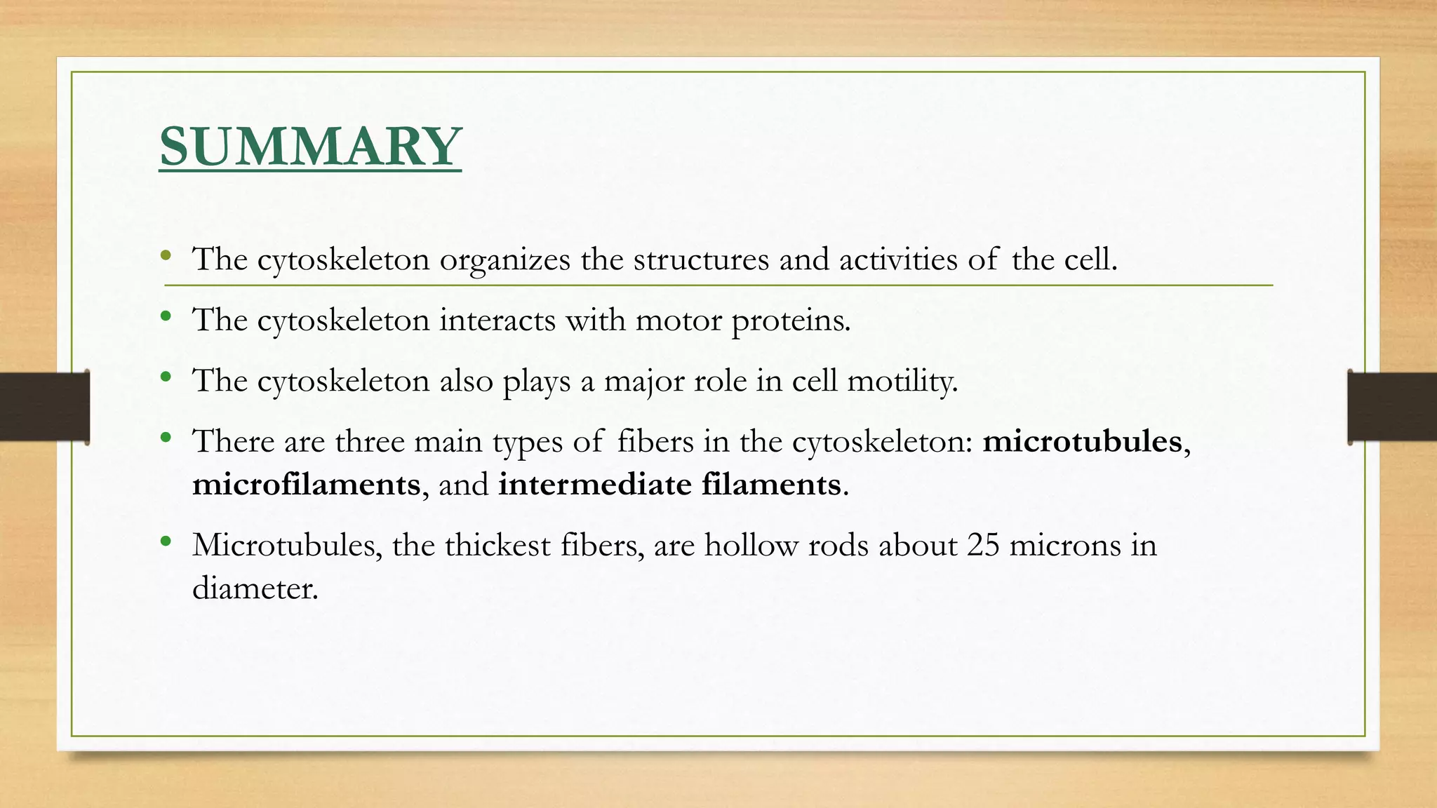 • The cytoskeleton organizes the structures and activities of the cell.
• The cytoskeleton interacts with motor proteins.
• The cytoskeleton also plays a major role in cell motility.
• There are three main types of fibers in the cytoskeleton: microtubules,
microfilaments, and intermediate filaments.
• Microtubules, the thickest fibers, are hollow rods about 25 microns in
diameter.
SUMMARY
 
