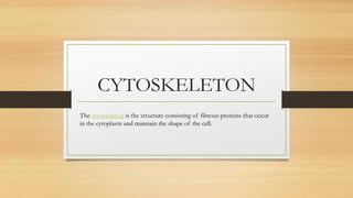 CYTOSKELETON
The cytoskeleton is the structure consisting of fibrous proteins that occur
in the cytoplasm and maintain the shape of the cell.
 