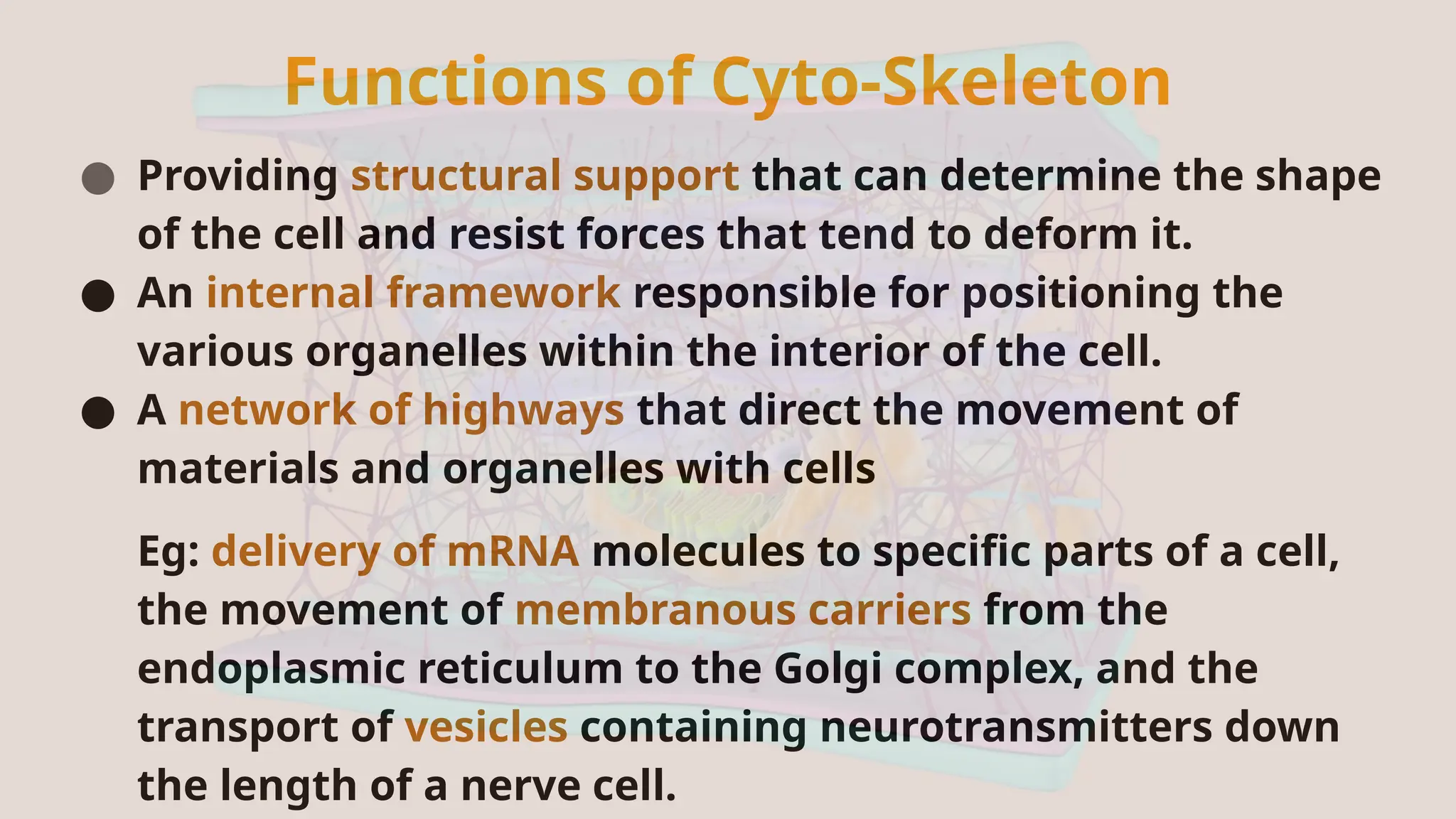 Functions of Cyto-Skeleton
● Providing structural support that can determine the shape
of the cell and resist forces that tend to deform it.
● An internal framework responsible for positioning the
various organelles within the interior of the cell.
● A network of highways that direct the movement of
materials and organelles with cells
Eg: delivery of mRNA molecules to specific parts of a cell,
the movement of membranous carriers from the
endoplasmic reticulum to the Golgi complex, and the
transport of vesicles containing neurotransmitters down
the length of a nerve cell.
 