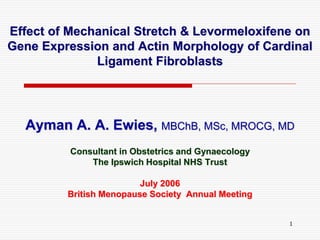 1
Effect of Mechanical Stretch & Levormeloxifene on
Gene Expression and Actin Morphology of Cardinal
Ligament Fibroblasts
Ayman A. A. Ewies, MBChB, MSc, MROCG, MD
Consultant in Obstetrics and Gynaecology
The Ipswich Hospital NHS Trust
July 2006
British Menopause Society Annual Meeting
 