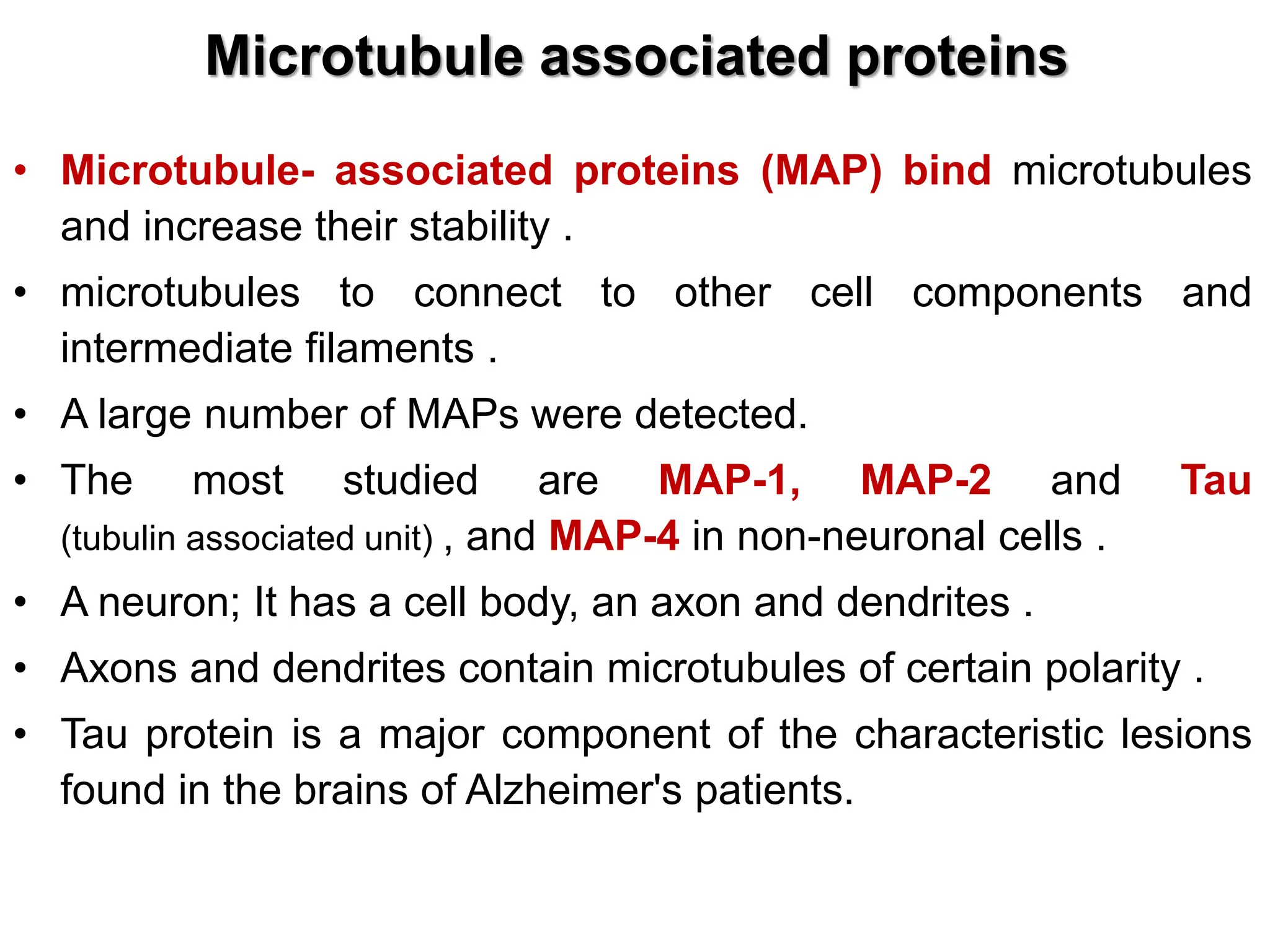 Microtubule associated proteins
• Microtubule- associated proteins (MAP) bind microtubules
and increase their stability .
• microtubules to connect to other cell components and
intermediate filaments .
• A large number of MAPs were detected.
• The most studied are MAP-1, MAP-2 and Tau
(tubulin associated unit) , and MAP-4 in non-neuronal cells .
• A neuron; It has a cell body, an axon and dendrites .
• Axons and dendrites contain microtubules of certain polarity .
• Tau protein is a major component of the characteristic lesions
found in the brains of Alzheimer's patients.
 