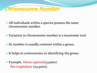 Chromosome Number
All individuals within a species possess the same
chromosome number.
Variation in chromosome number is a taxonomic tool.
Its number is usually constant within a genus.
It helps in controversies in identifying the genus.
Example, Homo sapiens(23 pairs).
Pan troglodytes (24 pairs).
 
