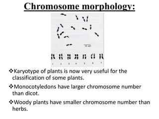 Chromosome morphology:
Karyotype of plants is now very useful for the
classification of some plants.
Monocotyledons have larger chromosome number
than dicot.
Woody plants have smaller chromosome number than
herbs.
 