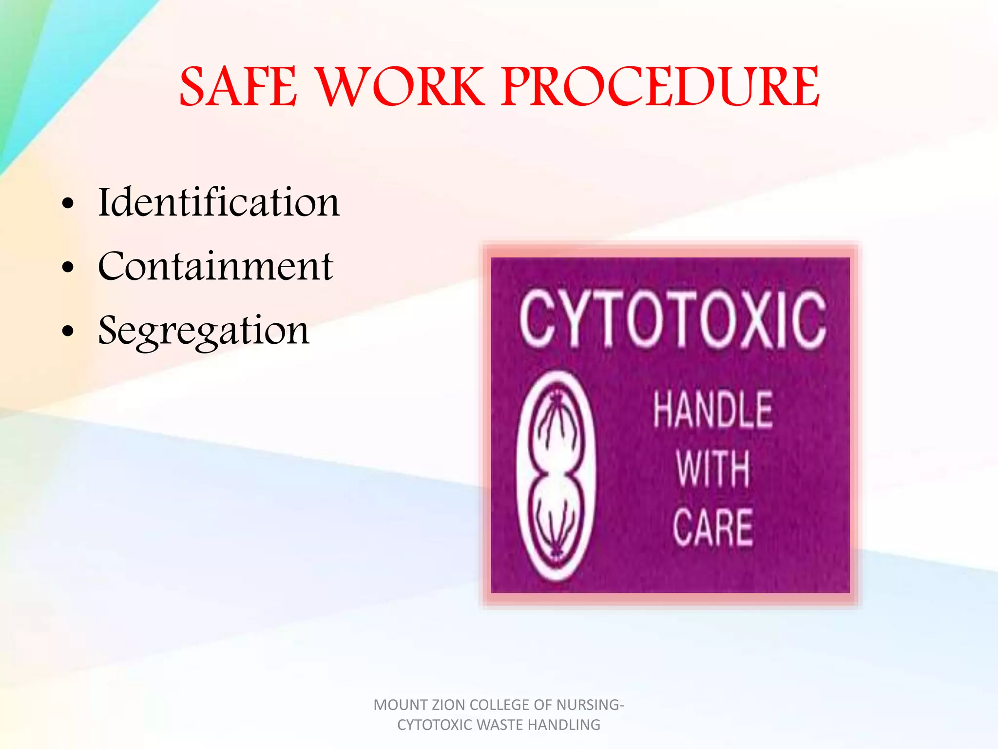 SAFE WORK PROCEDURE
• Identification
• Containment
• Segregation
MOUNT ZION COLLEGE OF NURSING-
CYTOTOXIC WASTE HANDLING
 