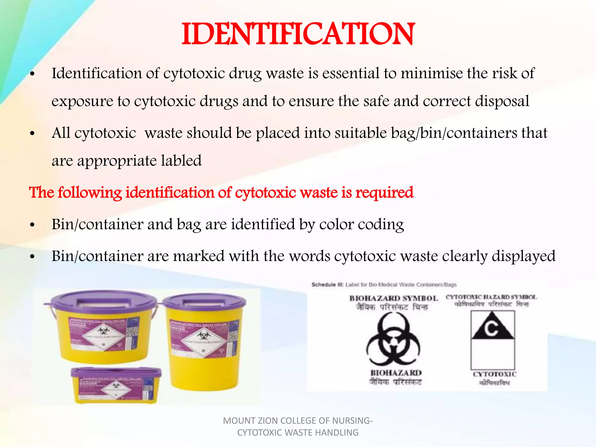 IDENTIFICATION
• Identification of cytotoxic drug waste is essential to minimise the risk of
exposure to cytotoxic drugs and to ensure the safe and correct disposal
• All cytotoxic waste should be placed into suitable bag/bin/containers that
are appropriate labled
The following identification of cytotoxic waste is required
• Bin/container and bag are identified by color coding
• Bin/container are marked with the words cytotoxic waste clearly displayed
MOUNT ZION COLLEGE OF NURSING-
CYTOTOXIC WASTE HANDLING
 