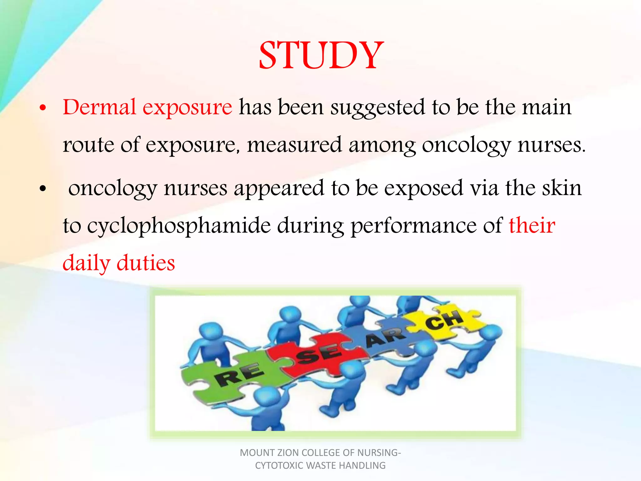 STUDY
• Dermal exposure has been suggested to be the main
route of exposure, measured among oncology nurses.
• oncology nurses appeared to be exposed via the skin
to cyclophosphamide during performance of their
daily duties
MOUNT ZION COLLEGE OF NURSING-
CYTOTOXIC WASTE HANDLING
 