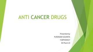 ANTI CANCER DRUGS
Presented by
PURANAM SOUMYA
Y18PHD0417
III-Pharm.D
 