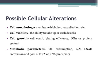 Possible Cellular Alterations
• Cell morphology- membrane blebbing, vacuolization, etc
• Cell viability- the ability to take up or exclude cells
• Cell growth- cell count, plating efficiency, DNA or protein
content
• Metabolic parameters- O2 consumption, NADH-NAD
conversion and pool of DNA or RNA precursors
 