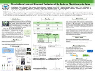 Chemical Analyses and Biological Evaluation of the Endemic Plant  Simarouba Tulae Karla Claudio 1 , Pedro González 2 , Elsa Luciano 2 , Janice Santiago 3 , Marianela Pérez, Ph.D. 3 , Augusto Carvajal 1 , Mayra Pagan, Ph.D. 2  and Claudia A. Ospina, Ph.D. 2 , (1)Department of Biology, University of Puerto Rico at Cayey, Cayey, PR, (2)Department of Chemistry, University of Puerto Rico at Cayey, Cayey, PR, (3)Dept. of Pharmaceutical Sciences, UPR - Medical Sciences Campus, San Juan, PR  Abstract :  Species of the genus Simarouba have been studied because of its antimalarial, antiinflammatory, antileukemic, antifeedant and antiviral activities.  A group of highly oxygenated terpenes called the quassinoids have been isolated from species of the Simarouba genus and are thought to be responsible for its therapeutic properties.  The objective of this study is to isolate and evaluate the biological activity against cancer cell lines of the secondary metabolites from  Simarouba tulae , an endemic plant of Puerto Rico.  Extracts prepared in our laboratory were preliminary screened using the brine shrimp lethality test.  Most of the  Simarouba tulae  extracts were cytotoxic with LC 50  values of 160.69 μg/ml or less. These extracts were further biotested against two breast cancer cell lines (MCF-7 and ZR-75-1) inhibiting more than 80% of cell growth. The experimental methodology and the results will be presented. Discussion Future Work Acknowledgements References Figure 1 . Photo of  Simarouba tulae   from Maricao, P.R.  Introduction   ,[object Object],[object Object],[object Object],Objectives   Methodology   1. Plant Collection 2. Extractions 3. Brine Shrimp Lethality Test Serial dilutions of plant extracts were made in wells of 96-micro-well plates in triplicate at different concentrations. A suspension of 100 µl containing 10-15 brine shrimp larvae were added to each well and incubated at room temperature for 24 hours.  After 24 h the dead nauplii were counted with the aid of a microscope and the lethal concentration (LC 50  value) was calculated by probit analysis.  Larvae were considered dead if they did not move during the observation. The LC 50  value was obtained by regression analysis of the data of percentage lethality versus concentration. 4. Purification and Isolation C. NMR ( 1 H and  13 C)  D. Infrared Spectroscopy A. TLC B. Column Chromatography C. Mass  Spectroscopy Results  *LC 50  is the lethal concentration needed to kill the 50 percent of the population **  Values lesser than 200  µg/ml are considered toxic.  Table 1. Bioassay of  Simarouba tulae  extractions of leaves Table 2. Anticancer activity of Simarouba extracts  TLC Results of Chloroform extract of the leaves of  S. tulae  13 C NMR Spectrum (100 MHz) for the cloroform extract of the leaves of  S. tulae  (SHC2 sample)  Figure 2.  Basic skeleton of a    quassinoid C-20 A great number of plants have been used to treat diseases. Nevertheless, plants endemic to Puerto Rico are still not well studied for this purpose.  Simarouba tulae  (Figure 1), a member of Simaroubaceae family is an endemic plant of the island which can be found as trees of two through eight meters long in regions such as Maricao and Patillas. This plant is commonly known as “aceitillo falso”.  Simaroubaceae  family consists of over 150 species that are known for their chemical composition. This group of plants are been used to treat cancer, malaria, viruses and bacteria and even as antifeedant agents. This has brought the attention of some researchers to identify compounds responsible for these activities. Although  Simaroubaceae  family has been widely studied, there are no literature reports on the chemical composition or biological activities of  the  S. tulae species . During the 1930’s, Clark’s group isolated from the Simaroubaceae family, specifically from  Picrasma excelsa , a group of compounds called quassinoids. The quassinoids, which have a bitter taste, are a group of compounds that are highly oxygenated triterpenes. Over a 150 quassinoids have been isolated and fully characterized. According to their skeleton, quassinoids are categorized in five groups. Among them, C-20 quassinoids (Figure 2) have been subject of intensive investigation due to the discovery by National Cancer Institute of their antitumor activities. As the mechanism of action it has been proposed that quassinoids inhibit the synthesis of proteins needed by cancerous cells. These compounds are responsible of the bioactivities of this family and also have been recognized as chemical markers for this group of plants. This research seeks to isolate, and identify possible quassinoids or other compounds present in  Simarouba tulae  in order to expand the knowledge of the chemotaxonomy of the endemic plants of Puerto Rico and to investigate their potential use as anti-cancer agents.  Maricao Patillas Anderson, M.; Colin, W.; Gupta, M.; Phillipson, D.; Solis, P. “A Microwell Cytotoxicity Assay using  Artemia Salina  (Brine Shrimp)”.  Planta Med ,  1993 , 59, 250-252.  Batista, J.; Braz, R.; Curcino, I.; Da Silva, M.; Rodrigues E.; Vireira, P. “20(R)- and  20(S)- Simarolide Epimers Isolated from  Simaba cuneata  Chemical Shifts Assignment of Carbon and Hydrogen Atoms”. J. Braz. Chem. Soc.,  1999 , 10, 76-84.  Beutler, J.; Clement, J.; Colburn, N.; Kang, M.; Pelletier, J.; Robert, F. Quassinoid Inhibition of AP-1 Function Does Not Correlate with Cytotoxicity or Protein Synthesis Inhibition.  J. Nat. Prod .  2009 , 75, 503-506. Guo, Z.; Sindelar, R.D.; Sindelar, R.W.;  Vangapandu, S.; Walker, L.A. Biological Actives Quassinoids and Their Chemistry: Potential Leads for Drug Design.  Curr. Med. Chem .  2005 , 12, 173-190. Rhodes, M.; Robins, R. High-performance liquid chromatographic methods for the analysis and purification of quassinoids from Quassia amara L.  J. Chromato .  1984 , 283, 436-440. Ospina, C. A.; Pagán, M.; Carvajal, A.; Claudio, K; Rivera, J.; Ortiz, I.; Hernández, J. In “Cytotoxic Screening of Tropical Plants Using Brine Shrimp Lethality Test”.; Montes, E. L.; Eds.; Cuadernos de Investigación Number 7; Instituto de Investigaciones Interdisciplinarias: Cayey,  2009 ; 1-20.  ,[object Object],[object Object],[object Object],[object Object],[object Object],[object Object],[object Object],[object Object],[object Object],1 H NMR Spectrum (400 MHz) for crude extract of the leaves of S.  tulae 1 H NMR Spectrum (400 MHz) for the chloroform extract of the leaves of  S. tulae  (SHC2 sample)  ,[object Object],[object Object],[object Object],[object Object],Chloroform extraction was first separated through a silica gel column chromatography. The number of the sample indicates the fraction obtained from the column. Compounds were separated using a mixture of solvents of CHCl 3 / MeOH 9:1. Plates were revealed in an Iodine chamber and observed under UV light of 254 nm. Fractions were mix according to separations observed in the TLC plates. Samples SHC2 and SHC3 were analyzed with NMR spectra.  Grant # 5 R25 GM059429 C-C  σ  bonds Oxygenated C’s C-C  σ  bonds Oxygenated C’s Alkenes Oxygenated C’s C-C  σ  bonds *All extracts were evaluated at a single doses of 100 μg/mL. Simarouba tuale  was the species   selected for this study since it is the only endemic representative plant of the family Simaroubaceae in Puerto Rico. This family of plants is known for its therapeutical  properties in America. The Brine Shrimp Lethality Test was a preliminary method chosen to identify possible bioactivity in  S. tulae  extracts, since previous literature had reported a correlation between this test and the antitumor activity (Anderson et al  1993 ). Moreover is important to identify, characterize and study separately metabolites in the extracts of  S. tulae  since synergy   effect could be hiding some compounds activity. Results of the cytotoxicity screening shows that most of the extracts of  Simarouba tulae  are seem to be actives except for hexane extraction.  Testing in breast cancer cell lines MCF-7 and ZR-75-1 showed growth inhibition from 57 to 90% and 79 to 90% respectively. The crude extraction was one of the most toxic in the Brine Shrimp Lethality Test and the most active inhibiting breast cancer cell growth (90% of growth inhibition in MCF-7 and ZR-75-1 cell lines).  Chemical analyses of the extractions from  S.tulae  leaves has not been finished yet since samples, already evaluated in the NMR ,  need further separations in order to be purified. Although purification of compounds has not been achieved yet, the NMR spectra for the chloroform extraction show clear signals in regions belonging to oxygenated carbons and aliphatic carbons (characteristic signals of quassinoids). The NMR spectra of the crude sample from leaves shows the same pattern and also a tall, clear signal in the region of alkenes. Patterns found in the NMR spectra for crude and chloroform extraction could suggest the presence of triterpenes such as quassinoids . Further chemical analyses are needed to be done with the objective to identify compounds such as quassinoids or others in the endemic plant  Simarouba tulae  and eventually to contribute to the chemotaxonomy of the Puertorrican flora.  Extract LC 50  * Cytotoxic?** Ethyl Acetate 35.4 µg/ml Yes Crude 2.0 µg/ml Yes Methanol 38.4 µg/ml Yes Cloroform 160.7 µg/ml Yes Hexane > 200.0 µg/ml No Simarouba Tulae  Extract (leaves) Breast Cancer Cell MCF-7 % of growth Inhibition Breast Cancer Cell ZR-75-1 % growth  inhibition Crude Extract  90 90 Hexane Extract 57 89 Chloroform Extract 83 79 Ethyl Acetate Extract  74 85 