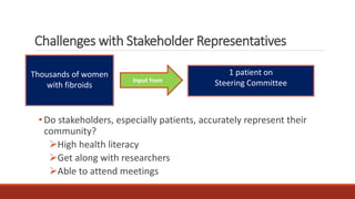 Challenges with Stakeholder Representatives
• Do stakeholders, especially patients, accurately represent their
community?
High health literacy
Get along with researchers
Able to attend meetings
Thousands of women
with fibroids
Input from
1 patient on
Steering Committee
 
