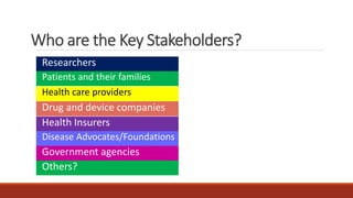 Who are the Key Stakeholders?
Researchers
Patients and their families
Health care providers
Drug and device companies
Health Insurers
Government agencies
Disease Advocates/Foundations
Others?
 