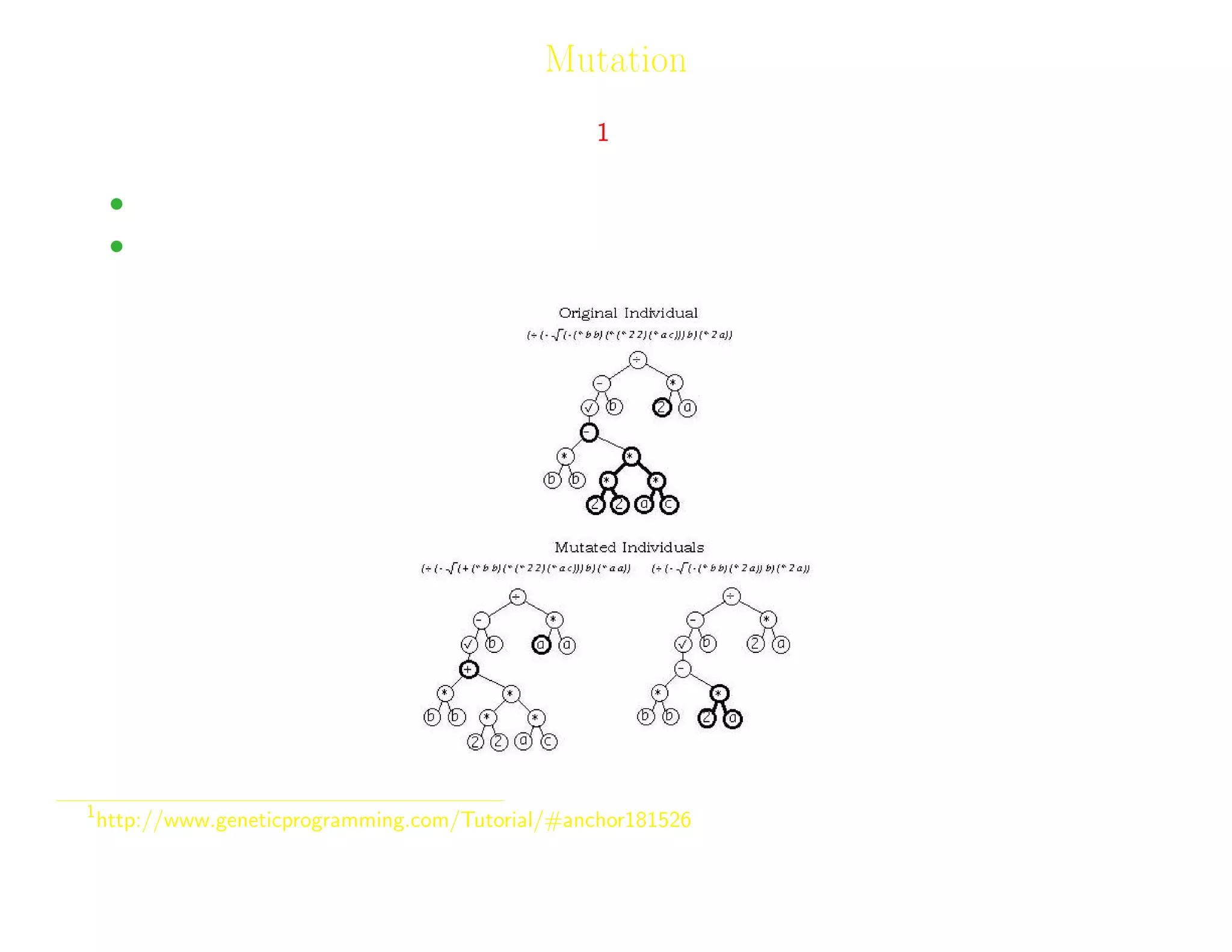 11
Mutation
Two types of mutation are possible1
:
• A terminal replaces a terminal or a function replaces a function.
• A subtree can replace an entire subtree.
1
http://www.geneticprogramming.com/Tutorial/#anchor181526
Adil Raja, Wireless Access research Centre University of Limerick, June 2006 11
 