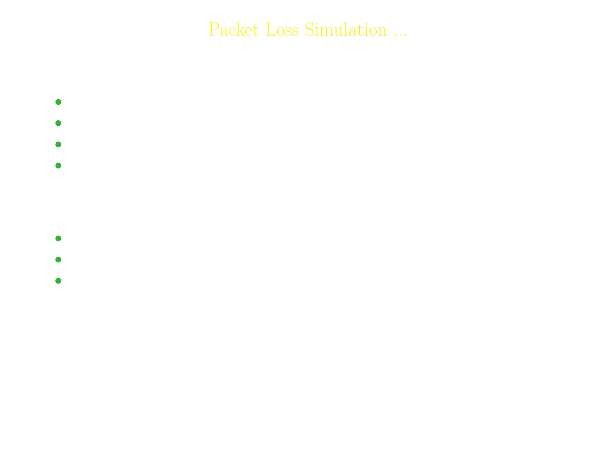 6
Packet Loss Simulation ...
Parameters of Geometrically Distributed Burst and Gap Lengths
• Mean Burst Length = 1/q
• Variance of Burst Length Distribution = (1-q)/q2
• Mean Gap Length = 1/p
• Variance of Gap Length Distribution = (1-p)/p2
The Gilbert Model:
• Packet loss can be simulated for certain values of p and q.
• During network operation bursts have to be captured for determining clp and ulp.
• The Gilbert model also models the packet loss due to jitter buﬀer discard/overﬂow.
Adil Raja, Wireless Access research Centre University of Limerick, June 2006 6
 