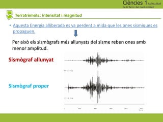 Terratrèmols: intensitat i magnitud
• Aquesta Energia alliberada es va perdent a mida que les ones sísmiques es
propaguen.
Per això els sismògrafs més allunyats del sisme reben ones amb
menor amplitud.
Sismògraf proper
Sismògraf allunyat
 
