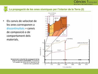 La propagació de les ones sísmiques per l’interior de la Terra (2)
Variació de la velocitat de propagació de les
ones P i S amb la profunditat. A l’ampliació
s’hi detallen els canvis de la velocitat en els
1.000 km més superficials.
• Els canvis de velocitat de
les ones corresponen a
discontinuïtats = canvis
de composició o de
comportament dels
materials.
 