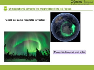 El magnetisme terrestre i la magnetització de les roques
Funció del camp magnètic terrestre:
Protecció davant el vent solar
 